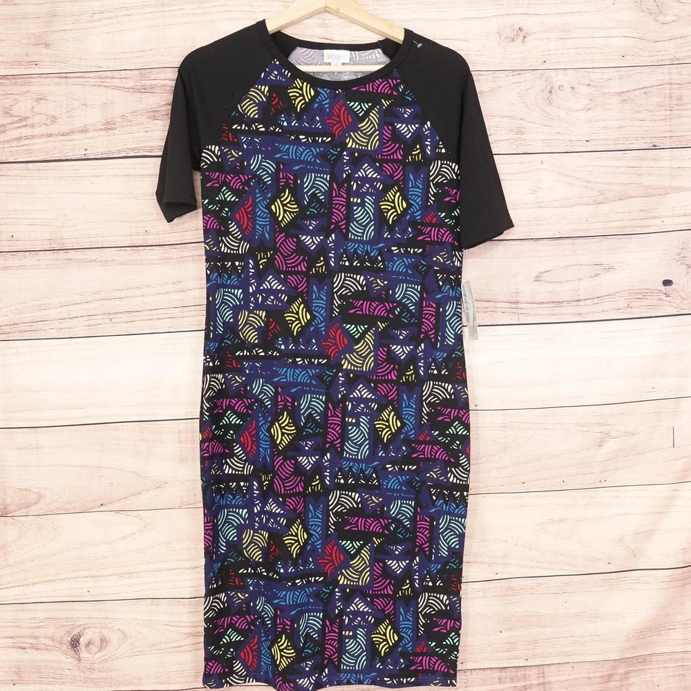 Lularoe Julia Dress Womens Small Black Multicolor Geometric Print Stretch Midi
